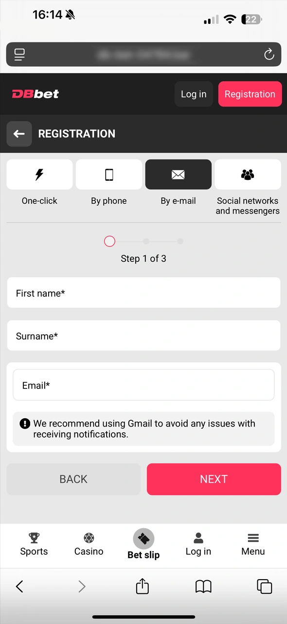 Sign in or create an account in the DBbet app and continue.