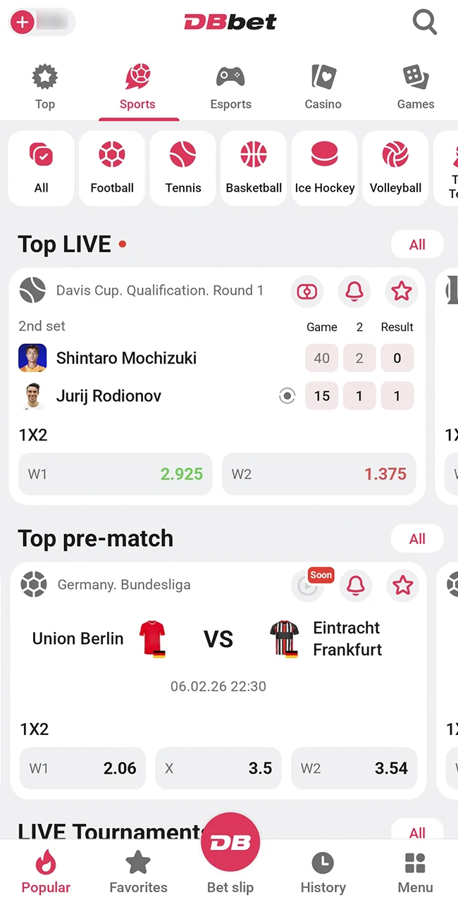 Place sports bets on the official DBbet website.