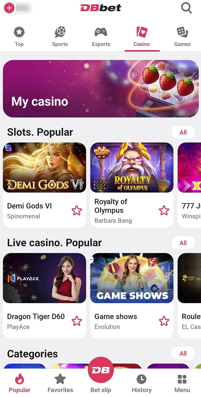 Play premium casino games at DBbet online.