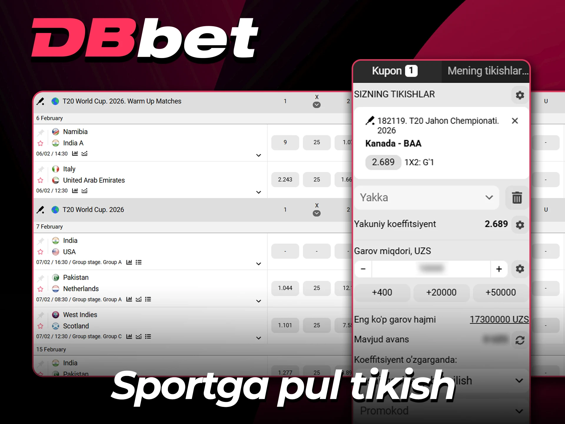 Rasmiy DBBet saytida sportga tikishni hoziroq o‘rganing.