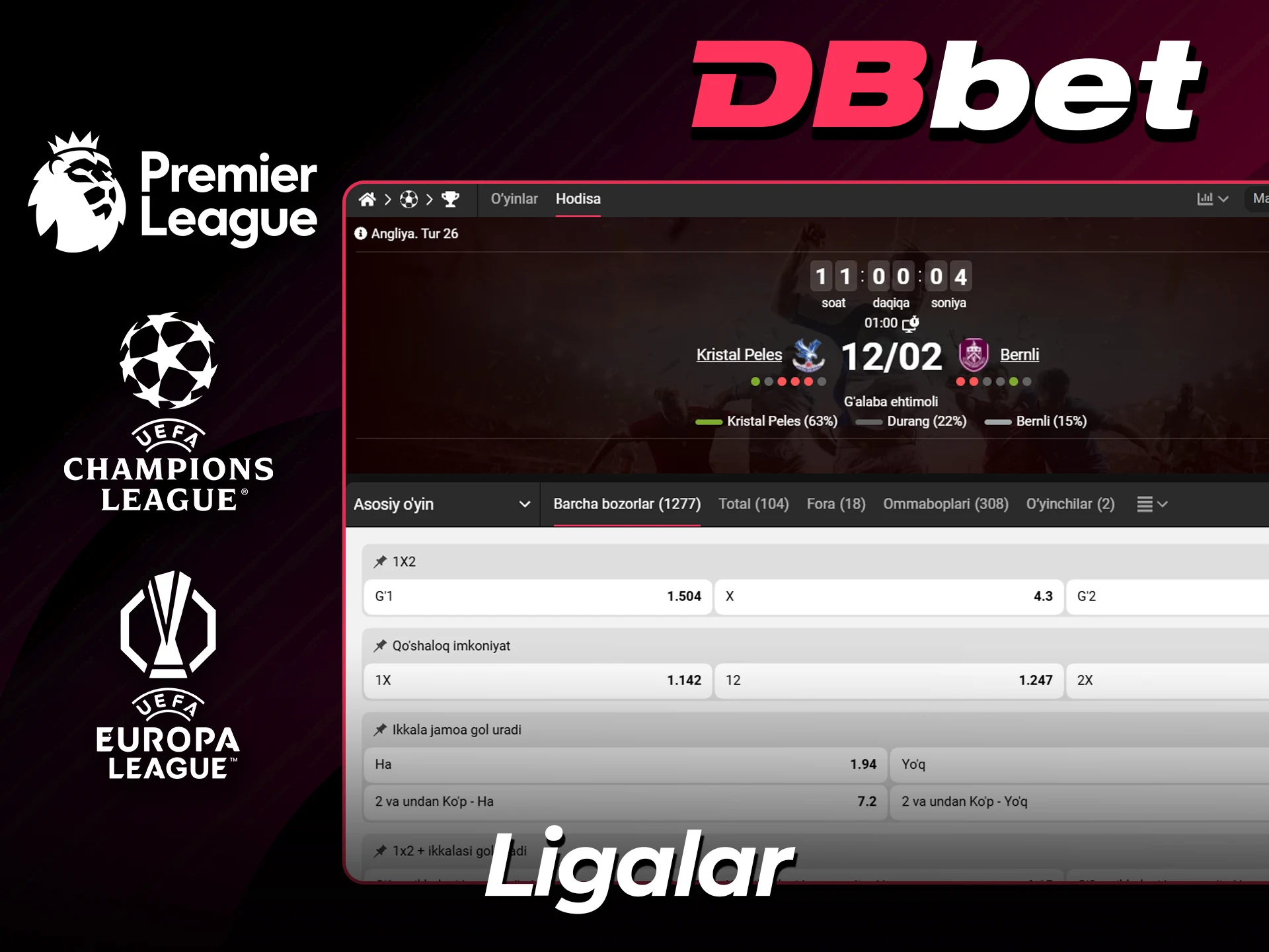 O'zbekiston va dunyo ligalariga DBBet stavka qiling.