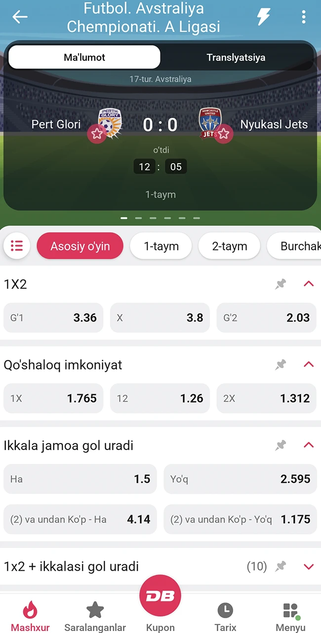 Futbol o'yinlari uchun turli DBBet bozorlarini o'rganing.