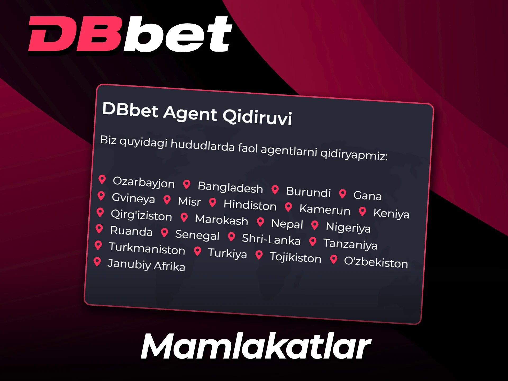 DBBet agentlik dasturi amal qiladigan davlatlar ro'yxati.