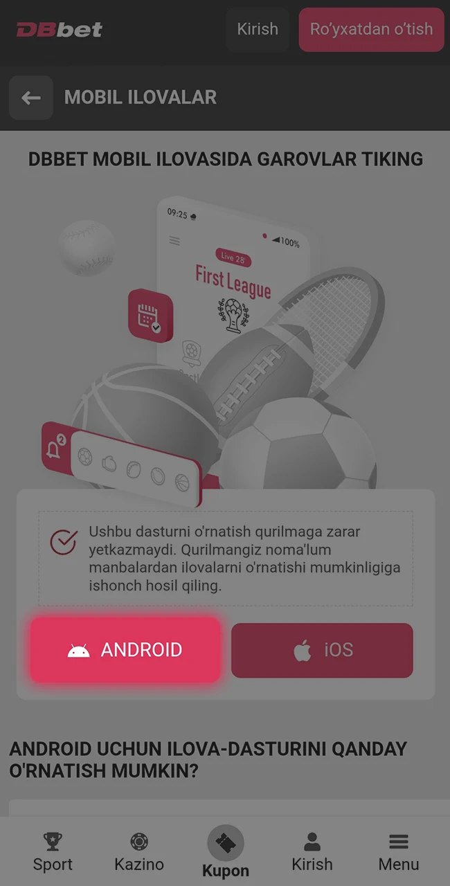 DBBet APK faylini qurilmangizga hoziroq yuklab oling.