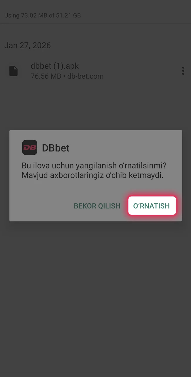DBBet ilovasini o'rnating va pul tikishni boshlang.