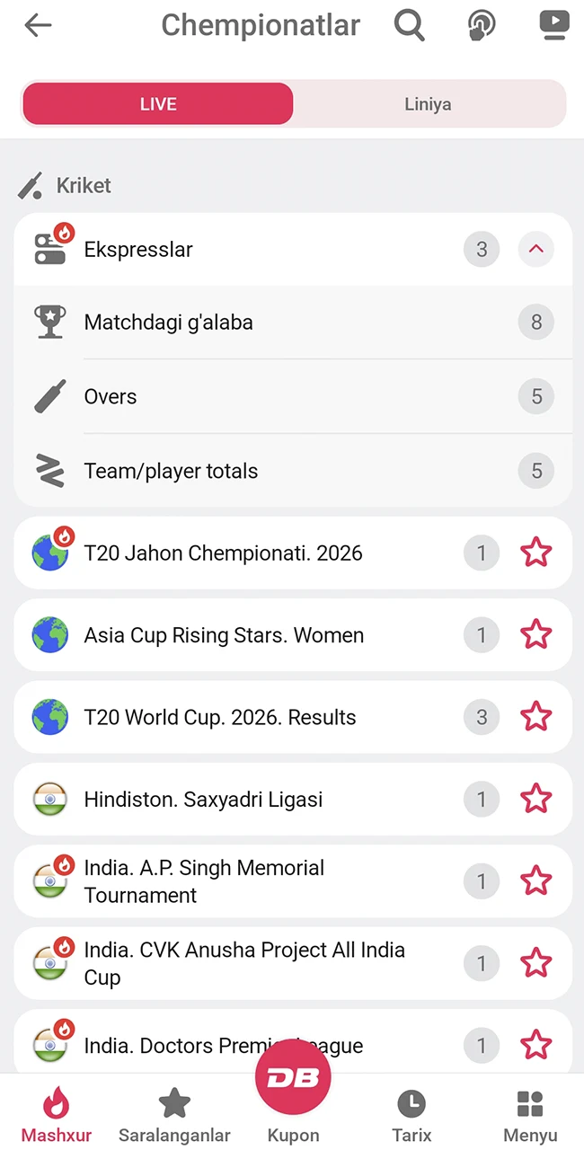 DBbet kriket ligalari va oʻyinlarini tanlang.