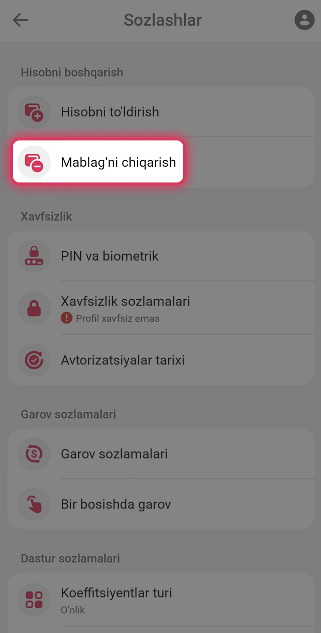 DBBet hisobingizdagi pul yechish bo'limiga kiring.