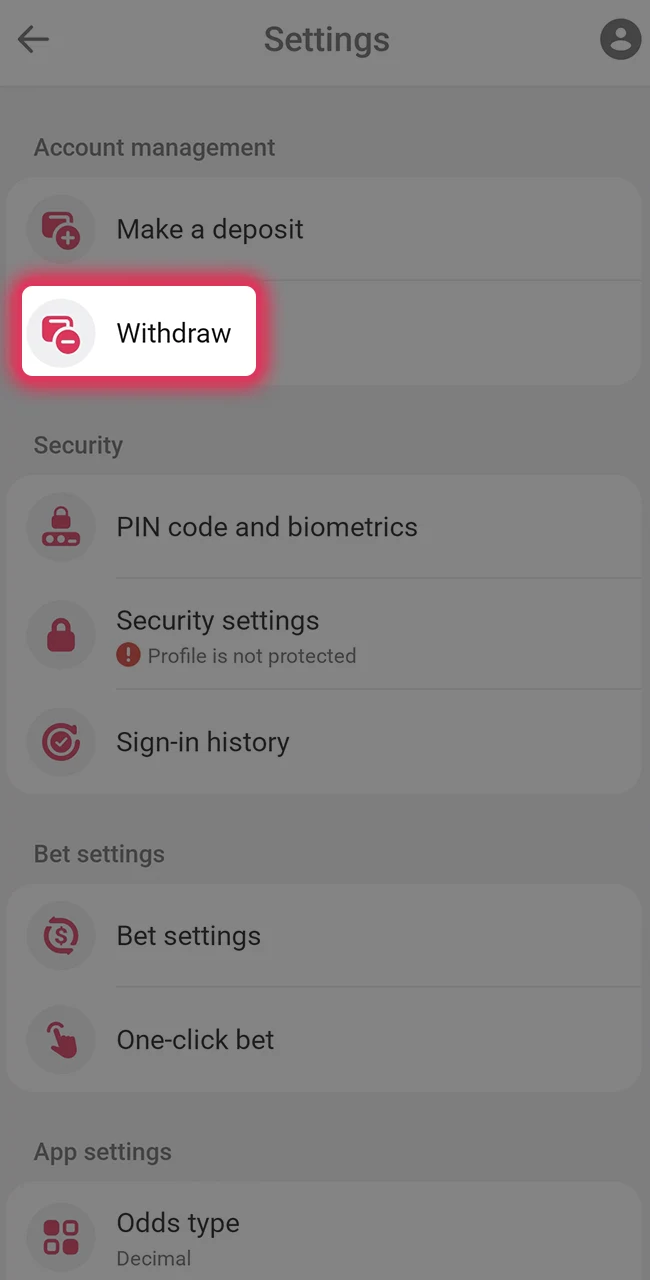 Access the withdrawal section in your DBBet account.