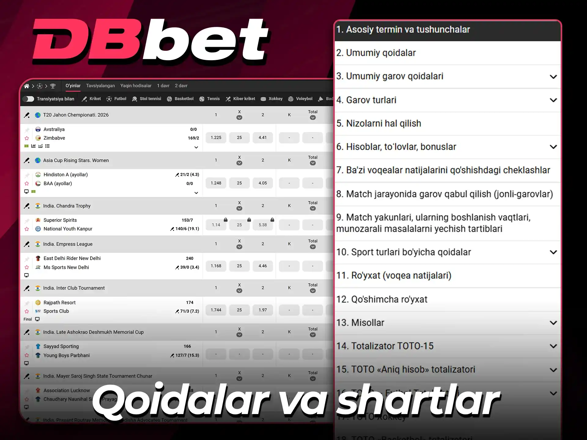 Rasmiy DBBet saytida o'yin qoidalari bilan tanishib chiqing.