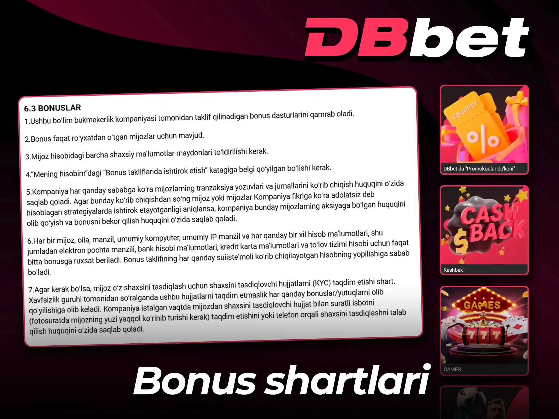 Rasmiy DBbet veb-sayti bonus shartlarini aniq o'qing.