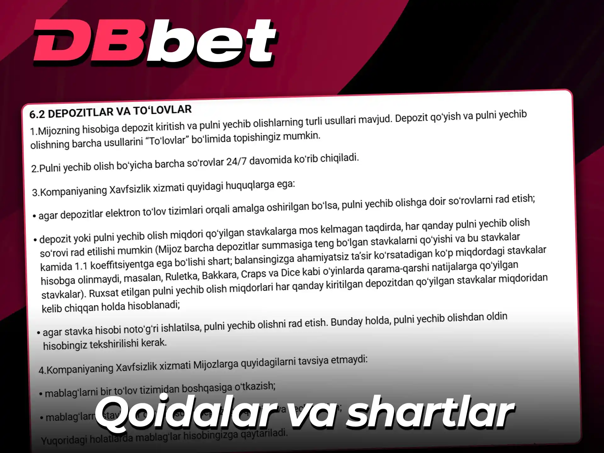 DBBet saytida to'lov shartlarini ko'rib chiqing.
